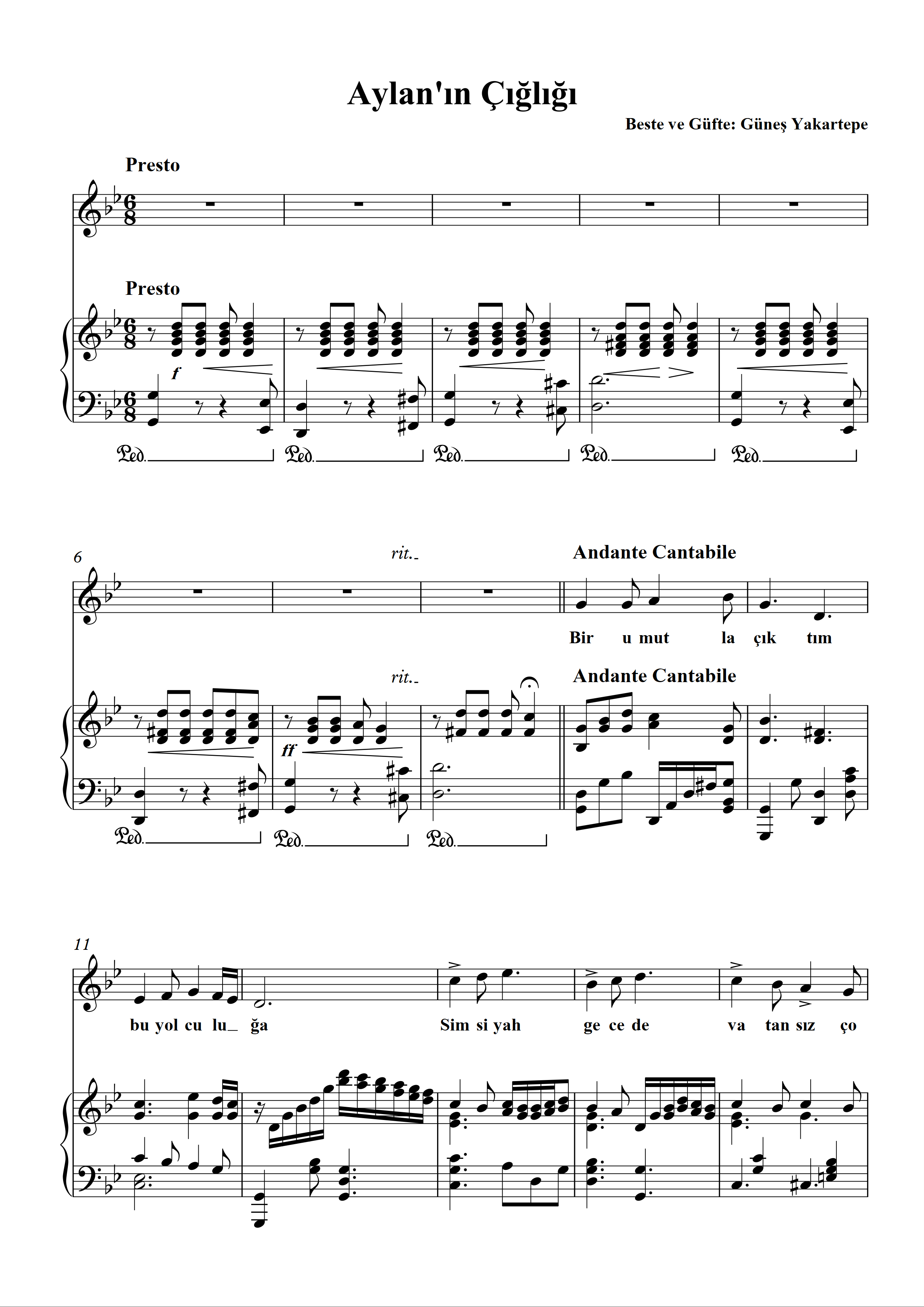 Aylanın Çığlıgı Piyano Notaları Sayfa 1 Söz Ve Beste Güneş Yakartepe
