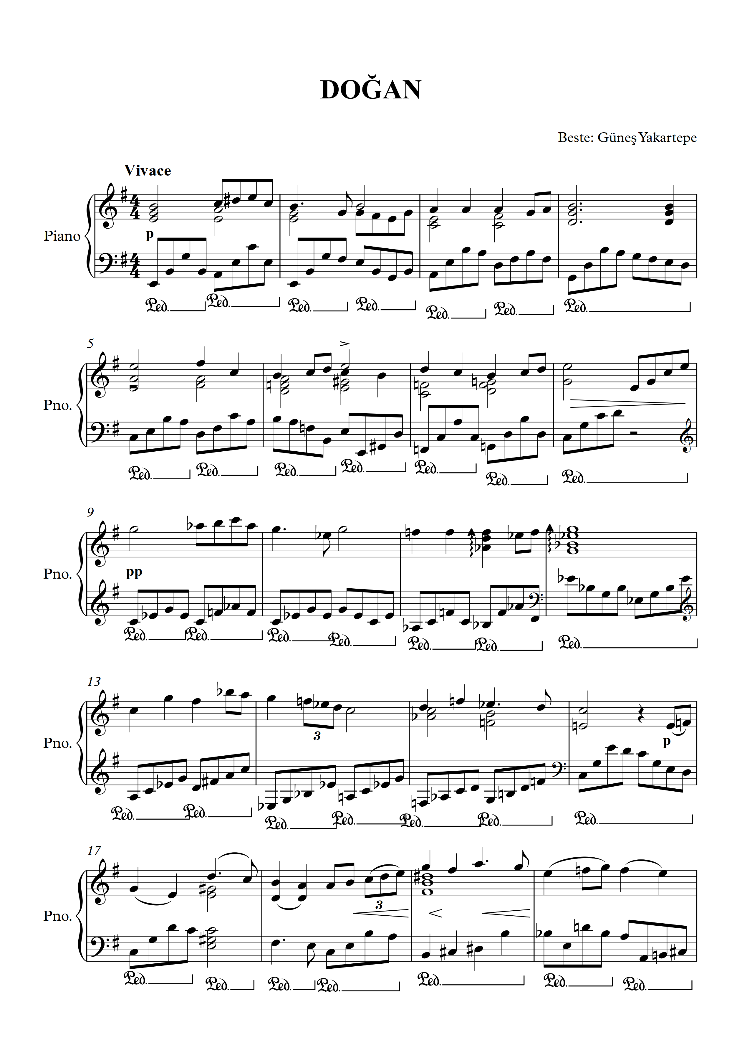 Doğan Piyano Notaları Sayfa 1 Beste Güneş Yakartepe