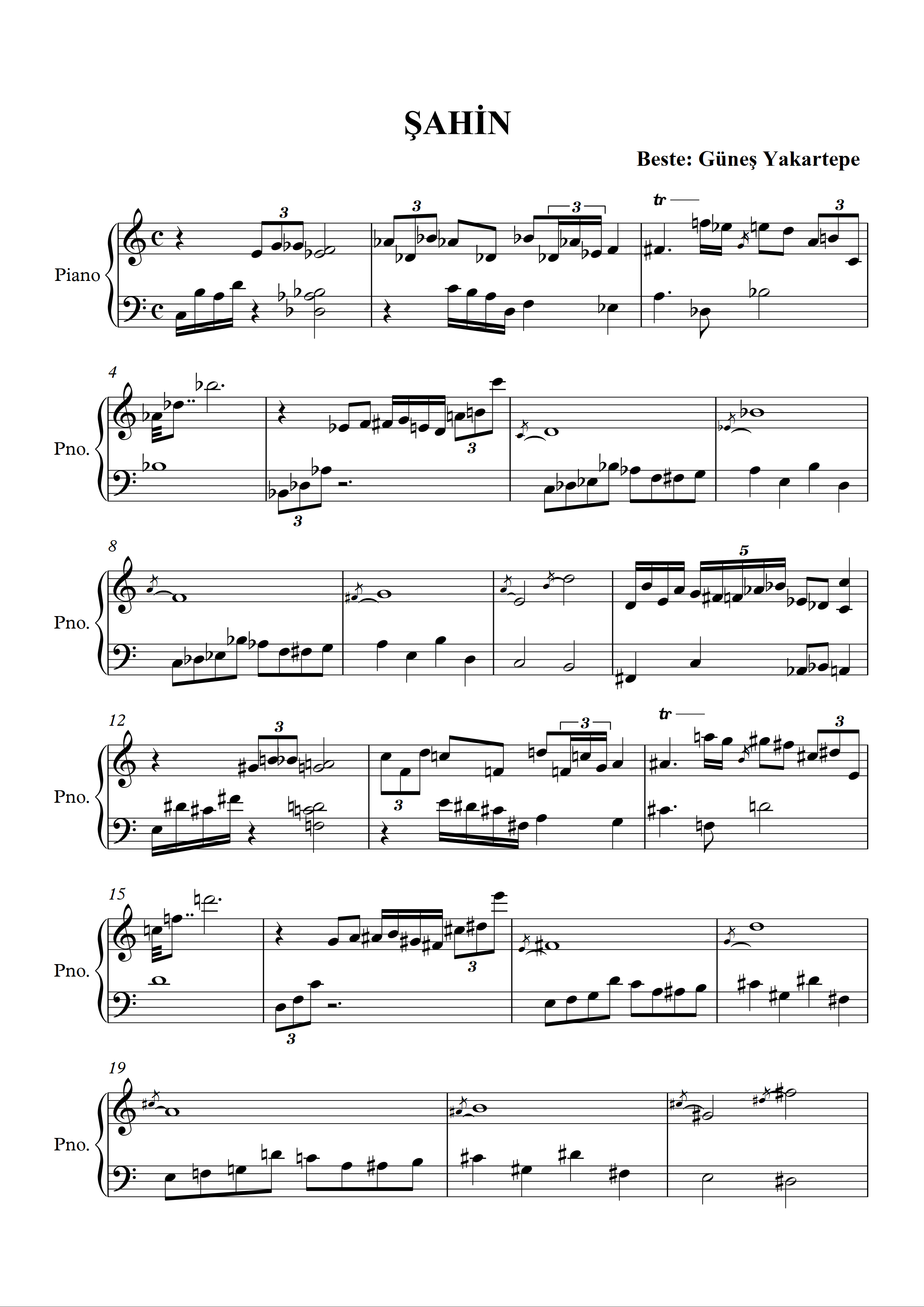 Ahin Piyano Notaları 1. Sayfa Beste Güneş Yakartepe